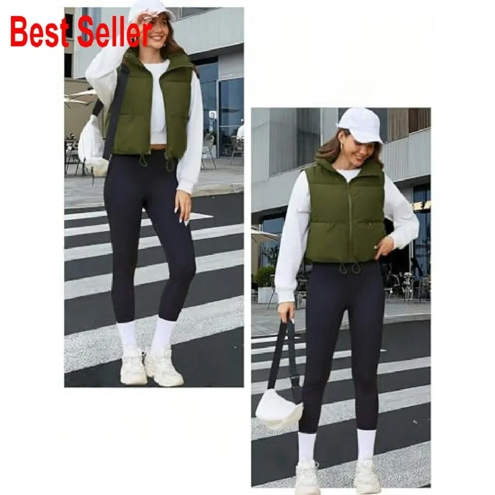 Cropped Puffer Vest Lightweight Warm Zip Up Fashion Stand Collar Chic Layering